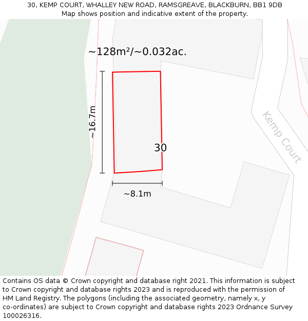 30, KEMP COURT, WHALLEY NEW ROAD, RAMSGREAVE, BLACKBURN, BB1 9DB: Plot and title map