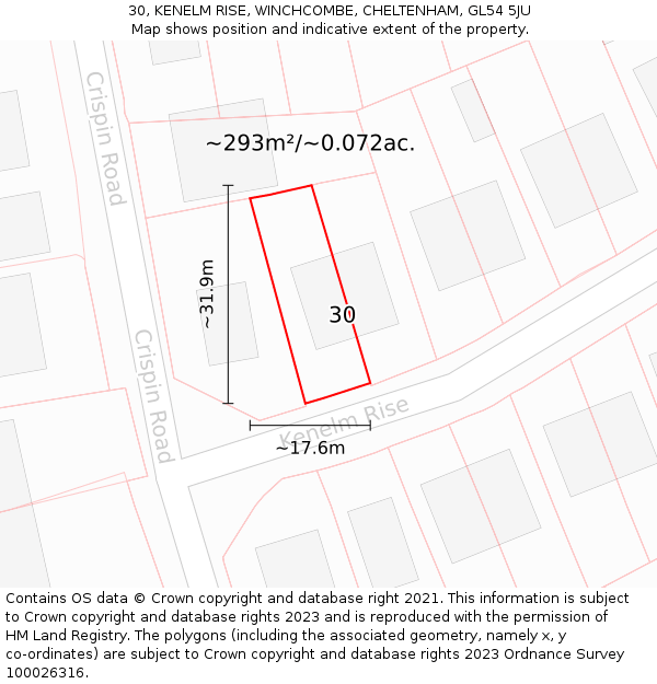 30, KENELM RISE, WINCHCOMBE, CHELTENHAM, GL54 5JU: Plot and title map