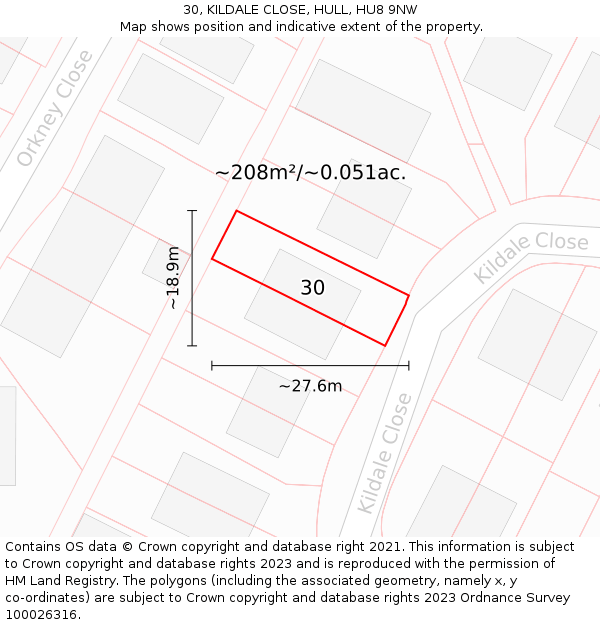 30, KILDALE CLOSE, HULL, HU8 9NW: Plot and title map