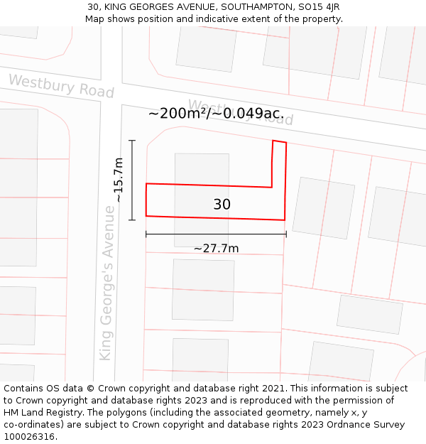 30, KING GEORGES AVENUE, SOUTHAMPTON, SO15 4JR: Plot and title map
