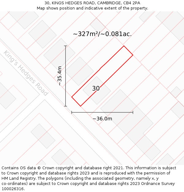 30, KINGS HEDGES ROAD, CAMBRIDGE, CB4 2PA: Plot and title map