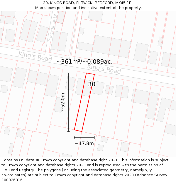 30, KINGS ROAD, FLITWICK, BEDFORD, MK45 1EL: Plot and title map
