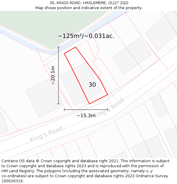 30, KINGS ROAD, HASLEMERE, GU27 2QG: Plot and title map