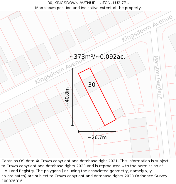 30, KINGSDOWN AVENUE, LUTON, LU2 7BU: Plot and title map