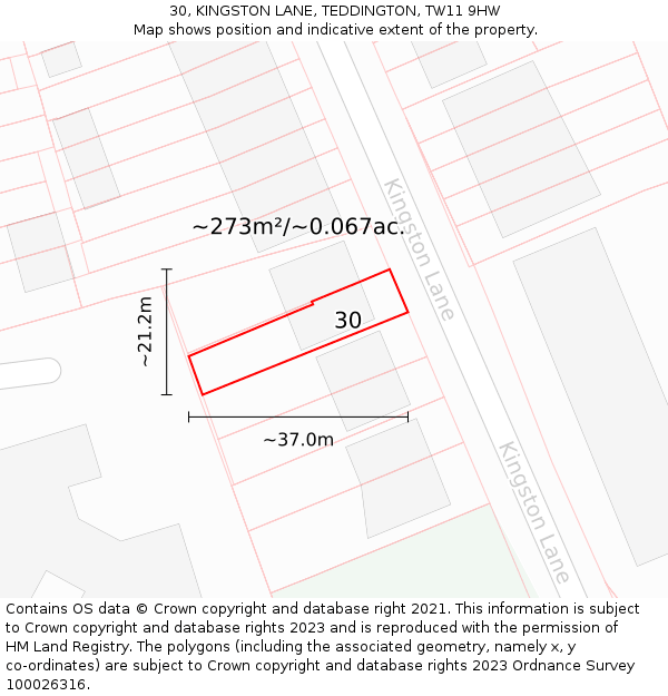 30, KINGSTON LANE, TEDDINGTON, TW11 9HW: Plot and title map