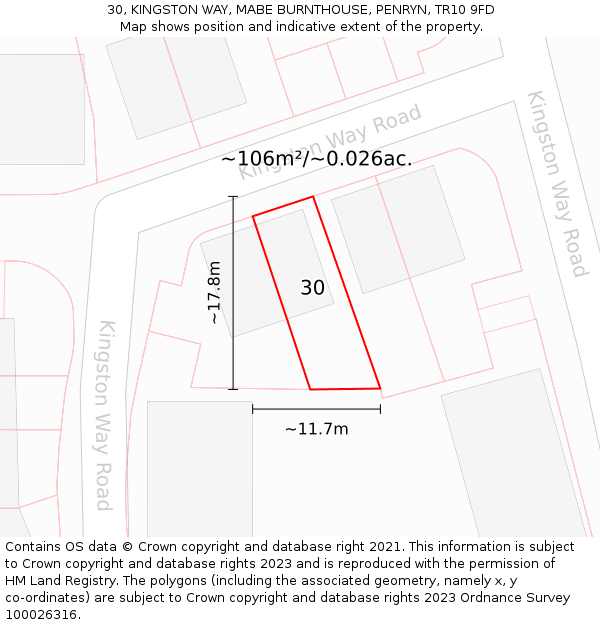 30, KINGSTON WAY, MABE BURNTHOUSE, PENRYN, TR10 9FD: Plot and title map