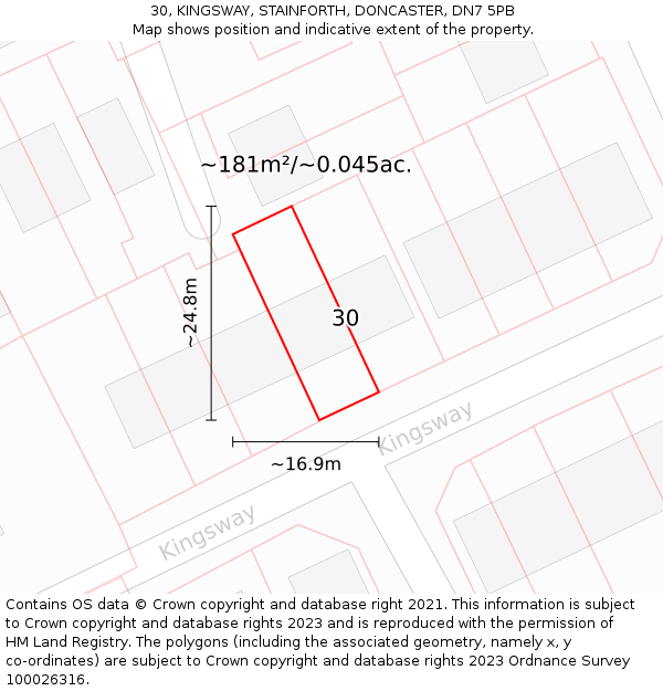 30, KINGSWAY, STAINFORTH, DONCASTER, DN7 5PB: Plot and title map