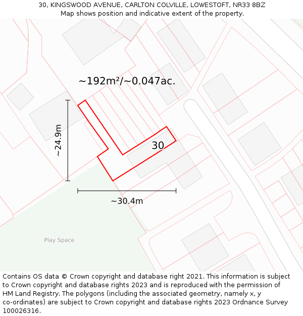 30, KINGSWOOD AVENUE, CARLTON COLVILLE, LOWESTOFT, NR33 8BZ: Plot and title map