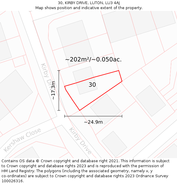 30, KIRBY DRIVE, LUTON, LU3 4AJ: Plot and title map