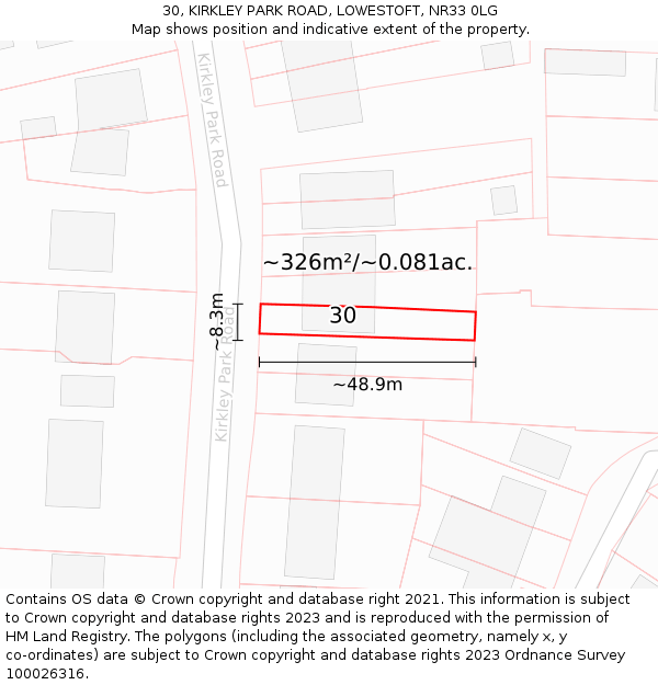 30, KIRKLEY PARK ROAD, LOWESTOFT, NR33 0LG: Plot and title map