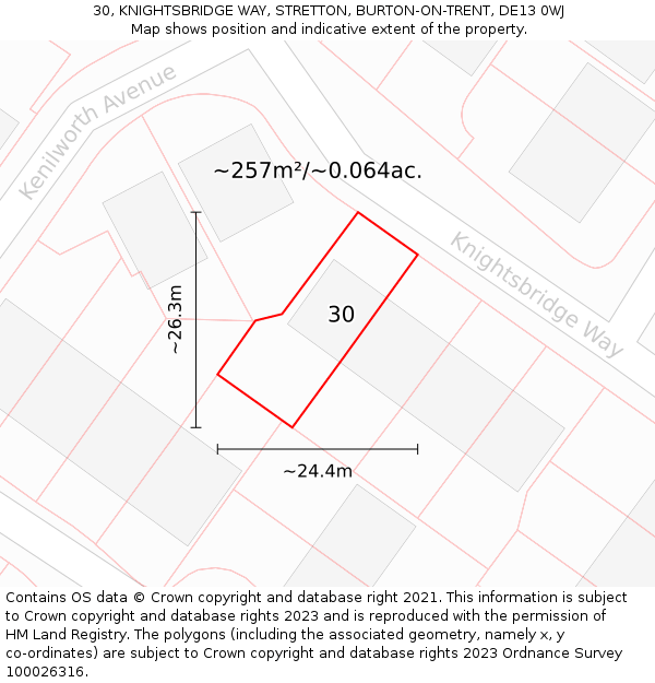 30, KNIGHTSBRIDGE WAY, STRETTON, BURTON-ON-TRENT, DE13 0WJ: Plot and title map