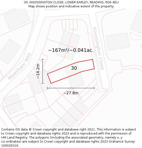 30, KNOSSINGTON CLOSE, LOWER EARLEY, READING, RG6 4EU: Plot and title map