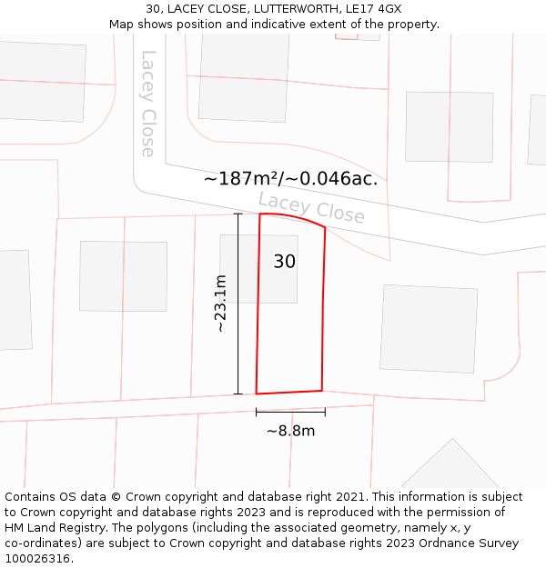 30, LACEY CLOSE, LUTTERWORTH, LE17 4GX: Plot and title map