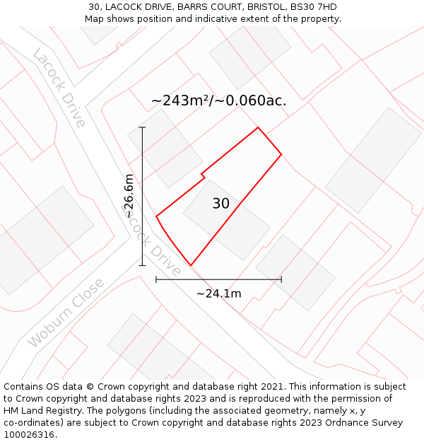 30, LACOCK DRIVE, BARRS COURT, BRISTOL, BS30 7HD: Plot and title map