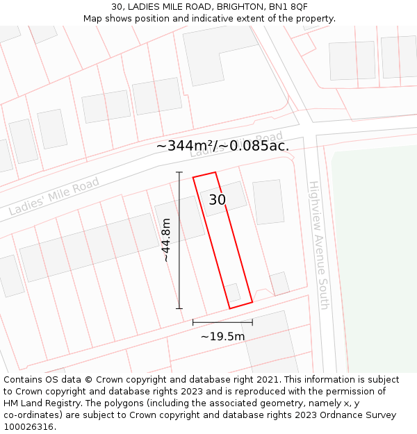 30, LADIES MILE ROAD, BRIGHTON, BN1 8QF: Plot and title map
