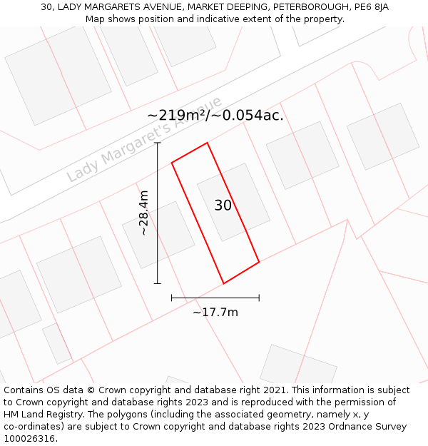 30, LADY MARGARETS AVENUE, MARKET DEEPING, PETERBOROUGH, PE6 8JA: Plot and title map