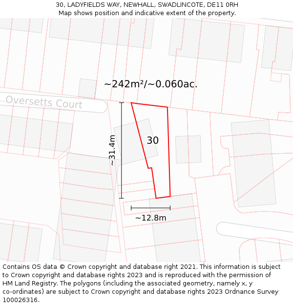 30, LADYFIELDS WAY, NEWHALL, SWADLINCOTE, DE11 0RH: Plot and title map