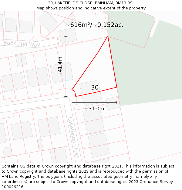 30, LAKEFIELDS CLOSE, RAINHAM, RM13 9SL: Plot and title map