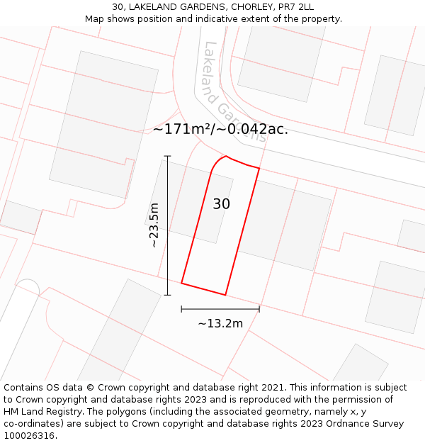 30, LAKELAND GARDENS, CHORLEY, PR7 2LL: Plot and title map