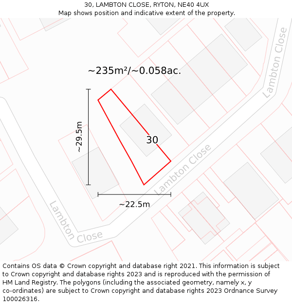 30, LAMBTON CLOSE, RYTON, NE40 4UX: Plot and title map