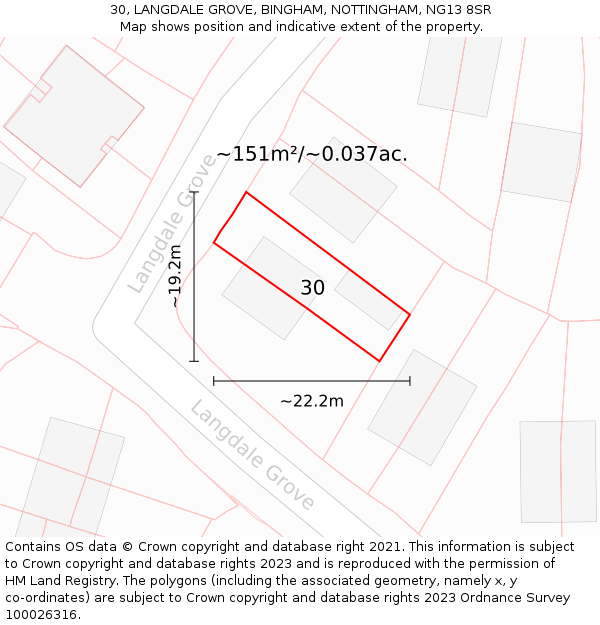 30, LANGDALE GROVE, BINGHAM, NOTTINGHAM, NG13 8SR: Plot and title map