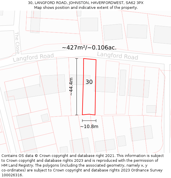 30, LANGFORD ROAD, JOHNSTON, HAVERFORDWEST, SA62 3PX: Plot and title map