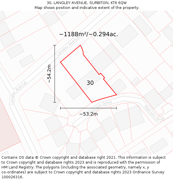 30, LANGLEY AVENUE, SURBITON, KT6 6QW: Plot and title map