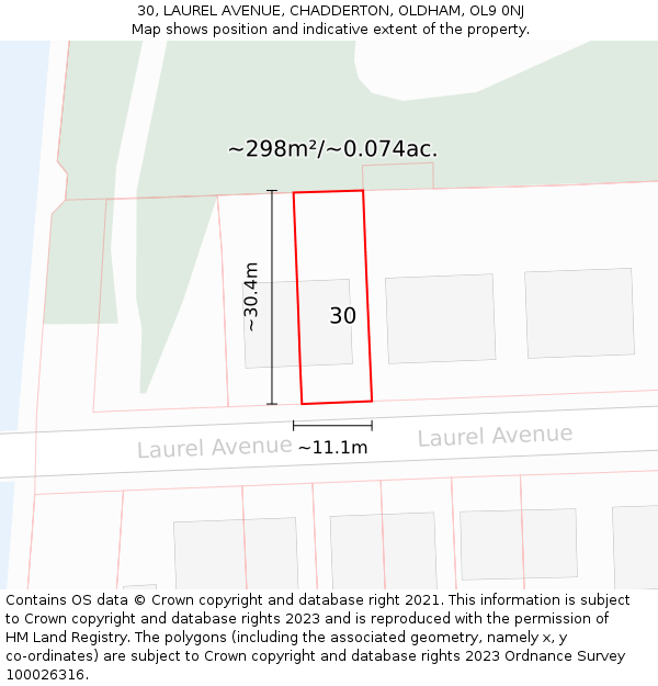 30, LAUREL AVENUE, CHADDERTON, OLDHAM, OL9 0NJ: Plot and title map