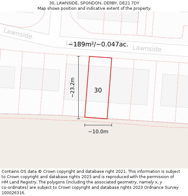 30, LAWNSIDE, SPONDON, DERBY, DE21 7DY: Plot and title map