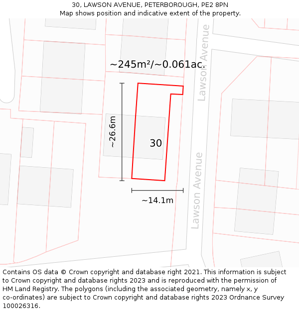 30, LAWSON AVENUE, PETERBOROUGH, PE2 8PN: Plot and title map