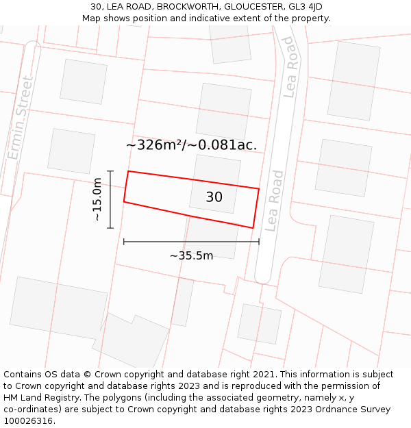 30, LEA ROAD, BROCKWORTH, GLOUCESTER, GL3 4JD: Plot and title map