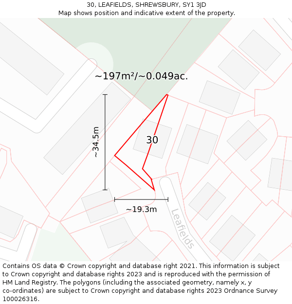 30, LEAFIELDS, SHREWSBURY, SY1 3JD: Plot and title map