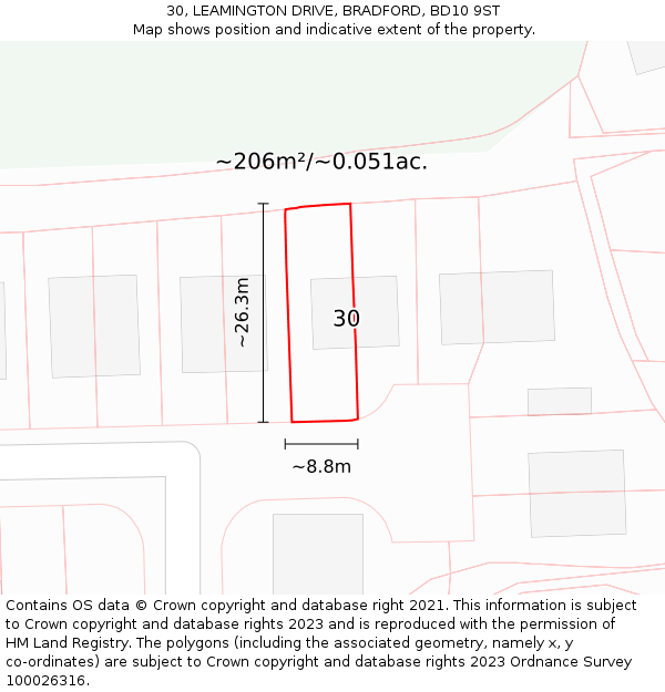 30, LEAMINGTON DRIVE, BRADFORD, BD10 9ST: Plot and title map