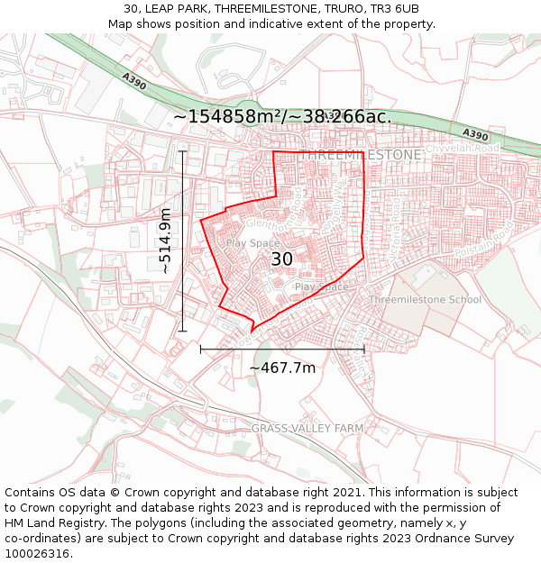 30, LEAP PARK, THREEMILESTONE, TRURO, TR3 6UB: Plot and title map