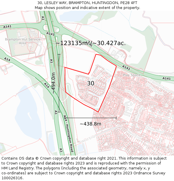 30, LESLEY WAY, BRAMPTON, HUNTINGDON, PE28 4FT: Plot and title map