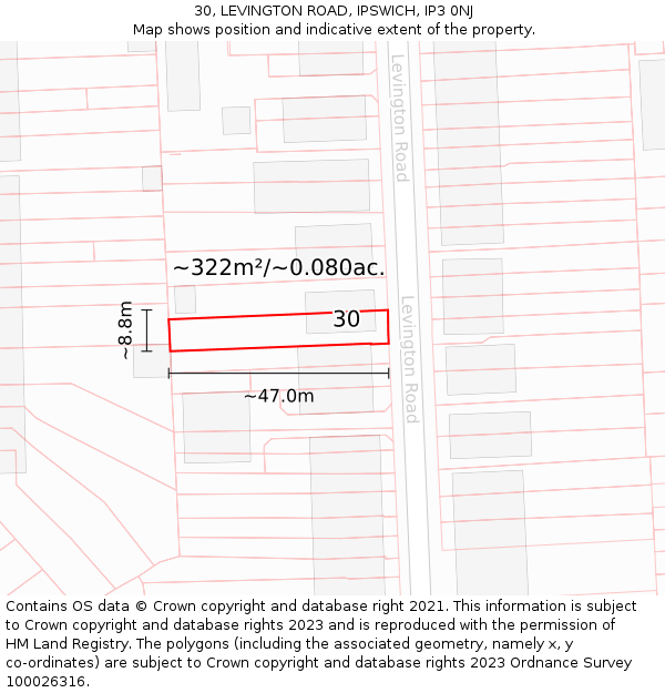 30, LEVINGTON ROAD, IPSWICH, IP3 0NJ: Plot and title map