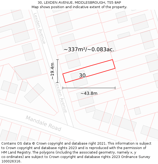 30, LEXDEN AVENUE, MIDDLESBROUGH, TS5 8AP: Plot and title map