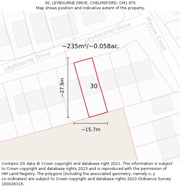 30, LEYBOURNE DRIVE, CHELMSFORD, CM1 6TX: Plot and title map