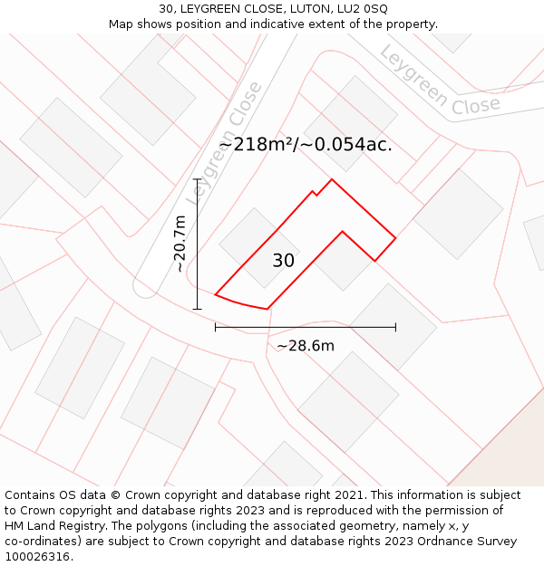 30, LEYGREEN CLOSE, LUTON, LU2 0SQ: Plot and title map