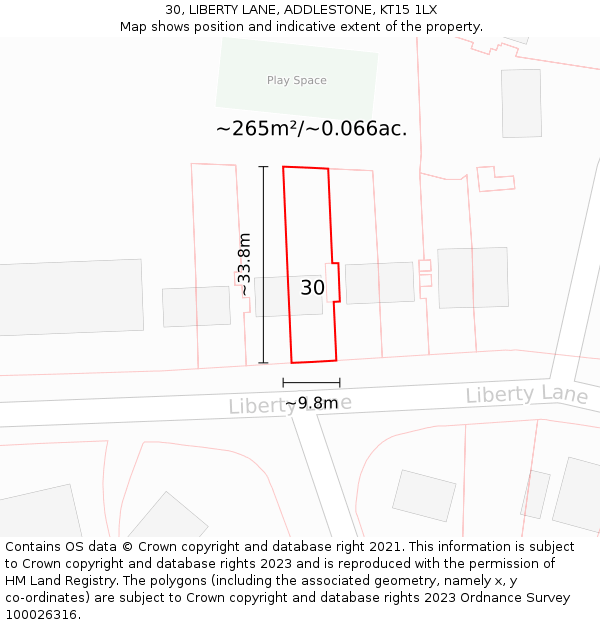 30, LIBERTY LANE, ADDLESTONE, KT15 1LX: Plot and title map