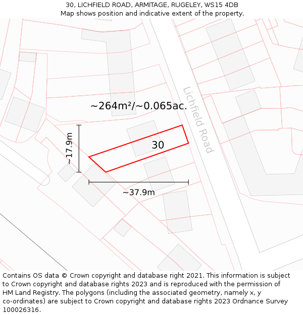 30, LICHFIELD ROAD, ARMITAGE, RUGELEY, WS15 4DB: Plot and title map