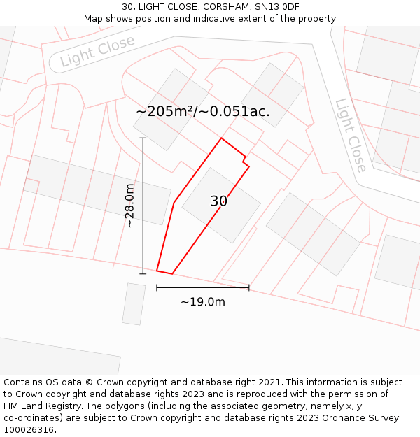 30, LIGHT CLOSE, CORSHAM, SN13 0DF: Plot and title map