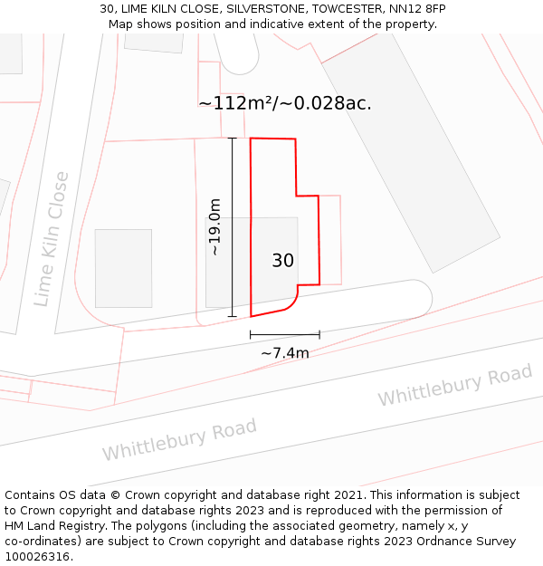 30, LIME KILN CLOSE, SILVERSTONE, TOWCESTER, NN12 8FP: Plot and title map