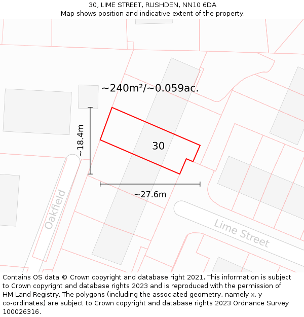 30, LIME STREET, RUSHDEN, NN10 6DA: Plot and title map