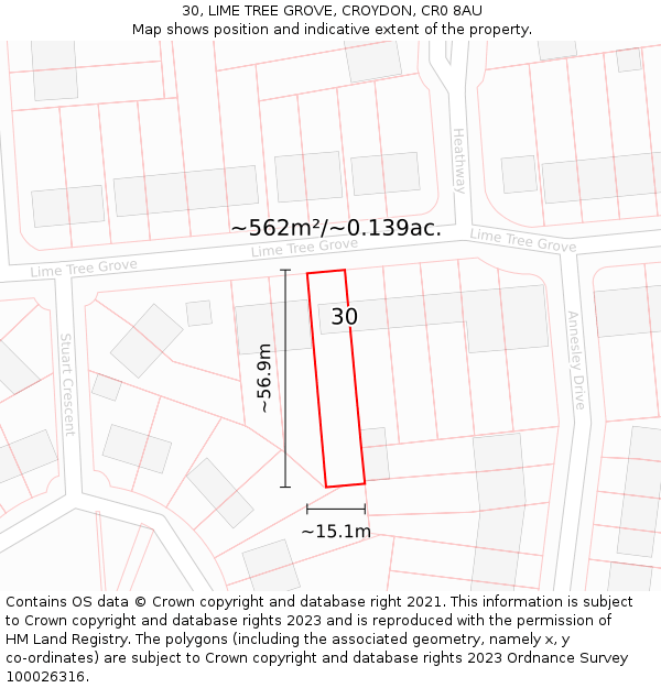 30, LIME TREE GROVE, CROYDON, CR0 8AU: Plot and title map