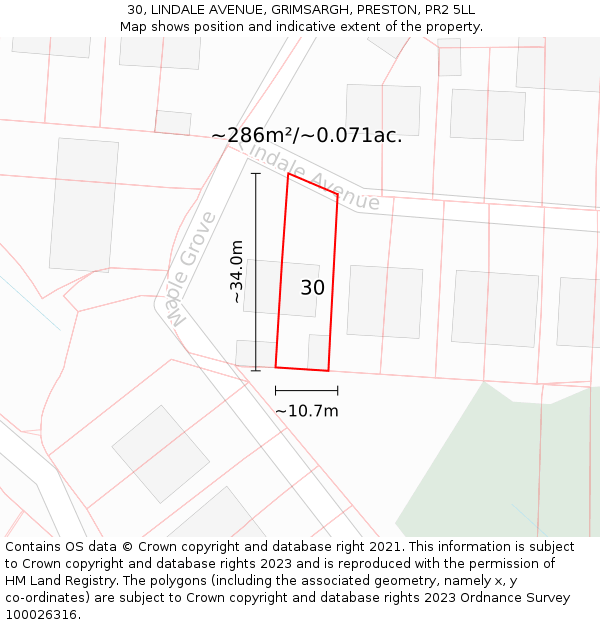 30, LINDALE AVENUE, GRIMSARGH, PRESTON, PR2 5LL: Plot and title map