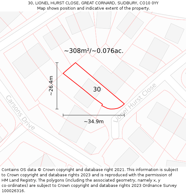 30, LIONEL HURST CLOSE, GREAT CORNARD, SUDBURY, CO10 0YY: Plot and title map