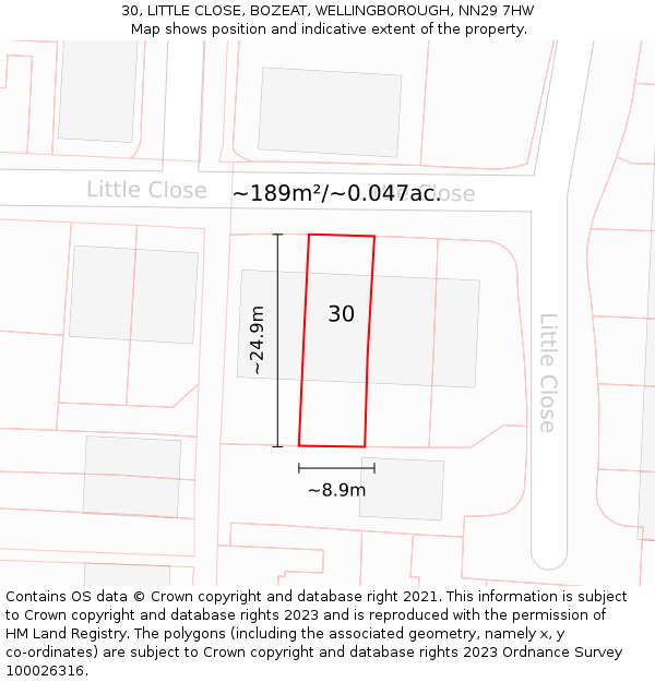 30, LITTLE CLOSE, BOZEAT, WELLINGBOROUGH, NN29 7HW: Plot and title map