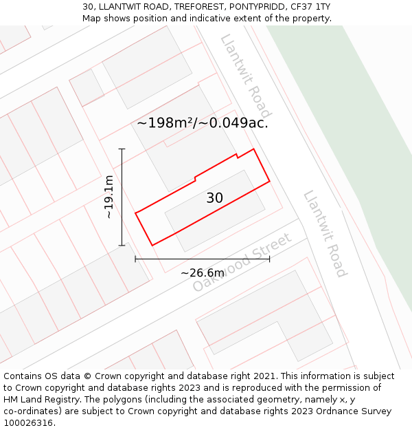 30, LLANTWIT ROAD, TREFOREST, PONTYPRIDD, CF37 1TY: Plot and title map