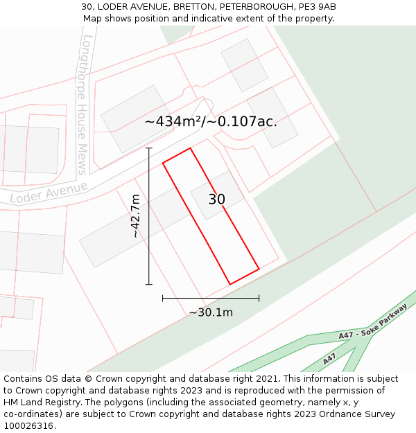 30, LODER AVENUE, BRETTON, PETERBOROUGH, PE3 9AB: Plot and title map